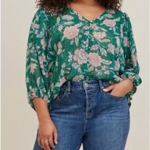 Chiffon Romantic V-neck Cottagecore Green Floral Covered Button Airy Blouse